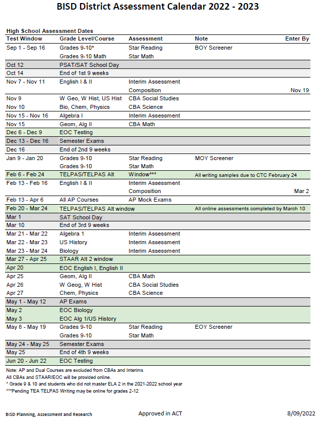 BISD Assessment Calendar 2022-2023